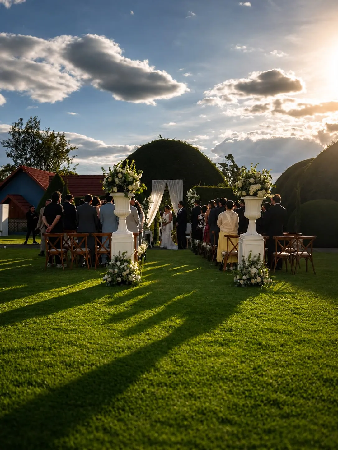 Ceremonia en el jardín de la quinta con columnas de flores blancas y los invitados de pie al atardecer