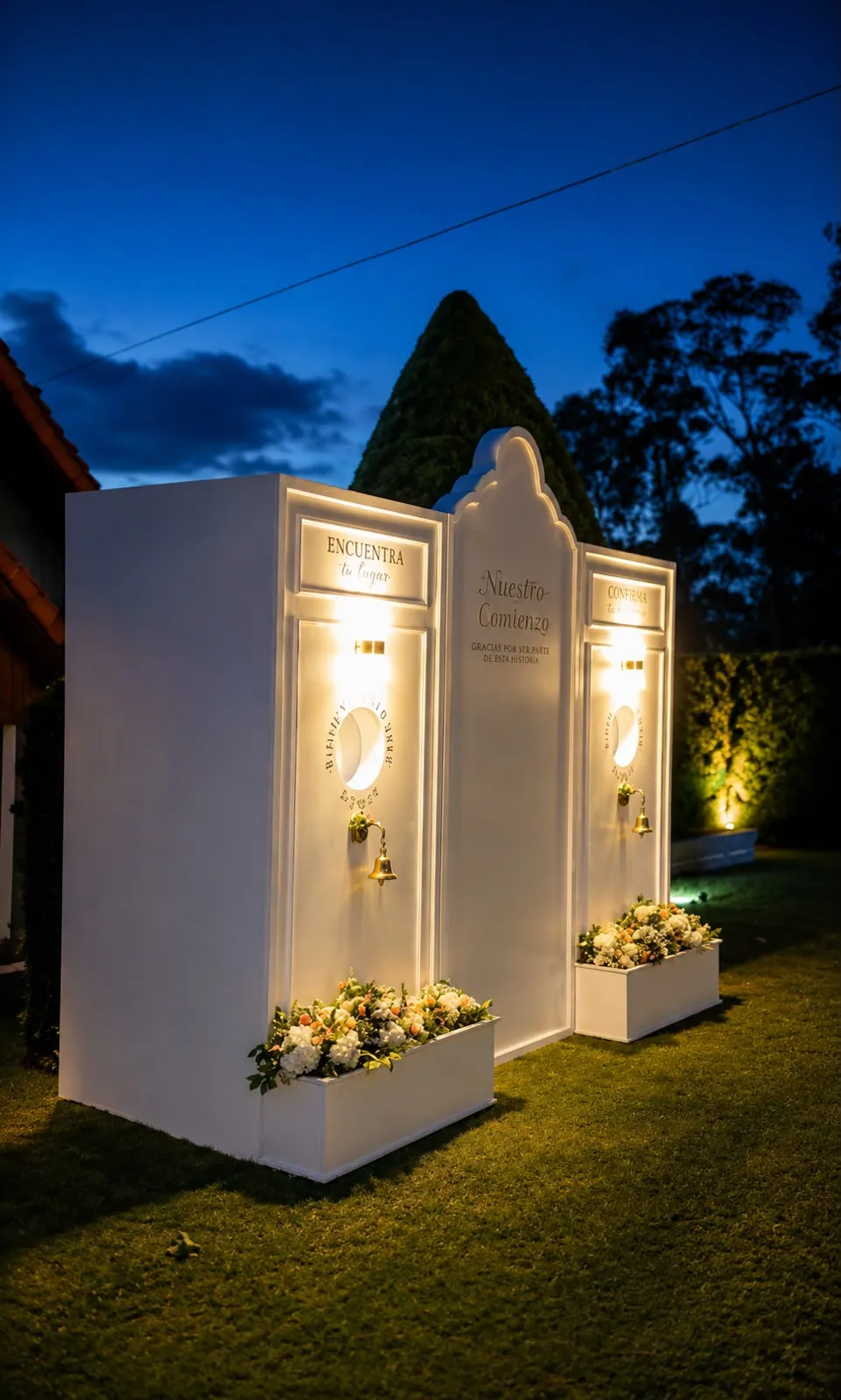 Entrada iluminada de noche con paneles blancos, faroles y jardineras de flores