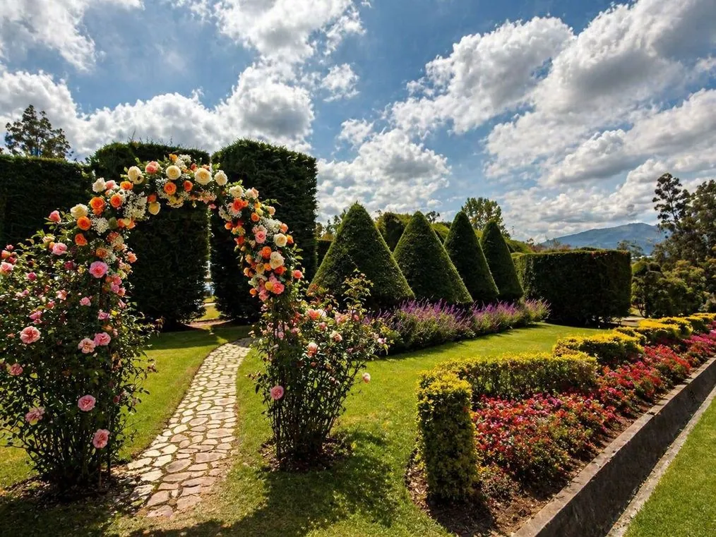 Jardín de la Quinta Las Tres Marías montado para un evento, con mesas y arcos florales