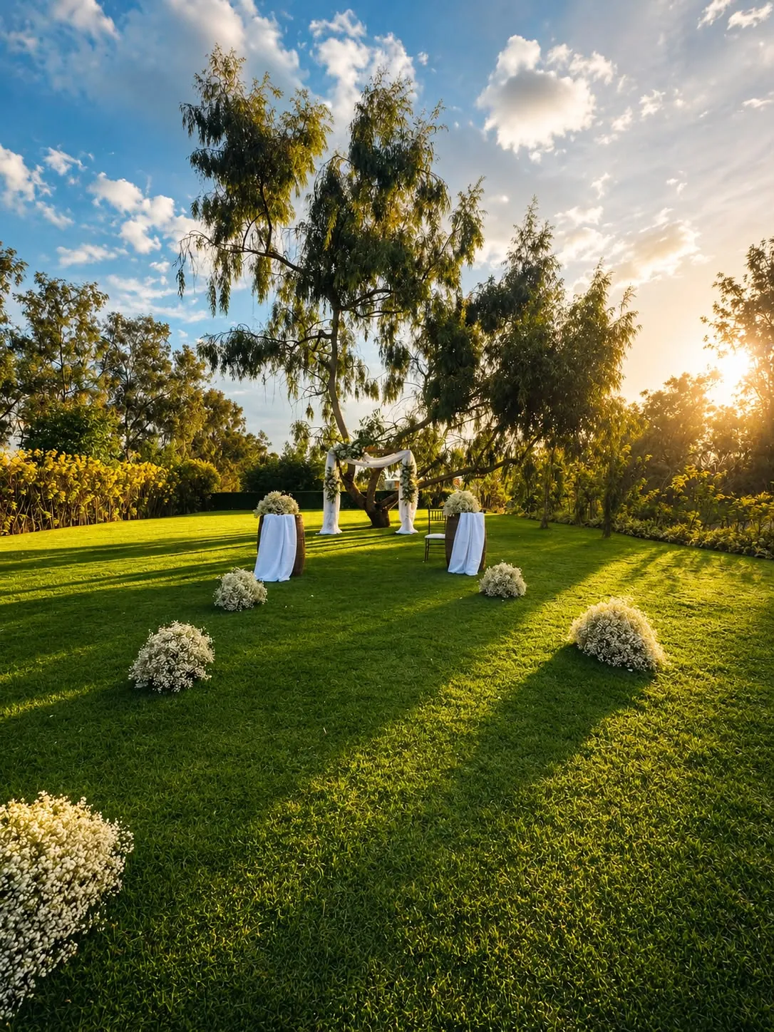 Jardín de la quinta al atardecer, con césped, eucaliptos y arreglos de flores para una ceremonia